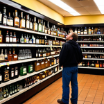 **Image of a Spirits Store with Diverse Selection**: Create an image of a vibrant spirits store filled with a wide variety of liquor bottles. The scene should depict a shopper looking overwhelmed yet intrigued by the selection, with some bottles prominently displaying consumer reviews or ratings.