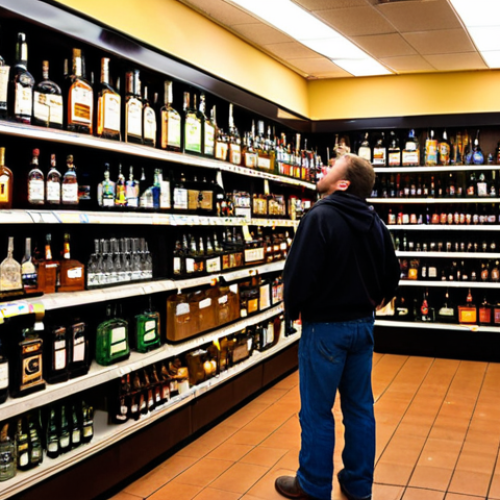 Home 7 **Image of a Spirits Store with Diverse Selection**: Create an image of a vibrant spirits store filled with a wide variety of liquor bottles. The scene should depict a shopper looking overwhelmed yet intrigued by the selection, with some bottles prominently displaying consumer reviews or ratings.
