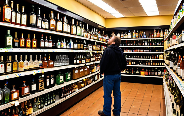 **Image of a Spirits Store with Diverse Selection**: Create an image of a vibrant spirits store filled with a wide variety of liquor bottles. The scene should depict a shopper looking overwhelmed yet intrigued by the selection, with some bottles prominently displaying consumer reviews or ratings.